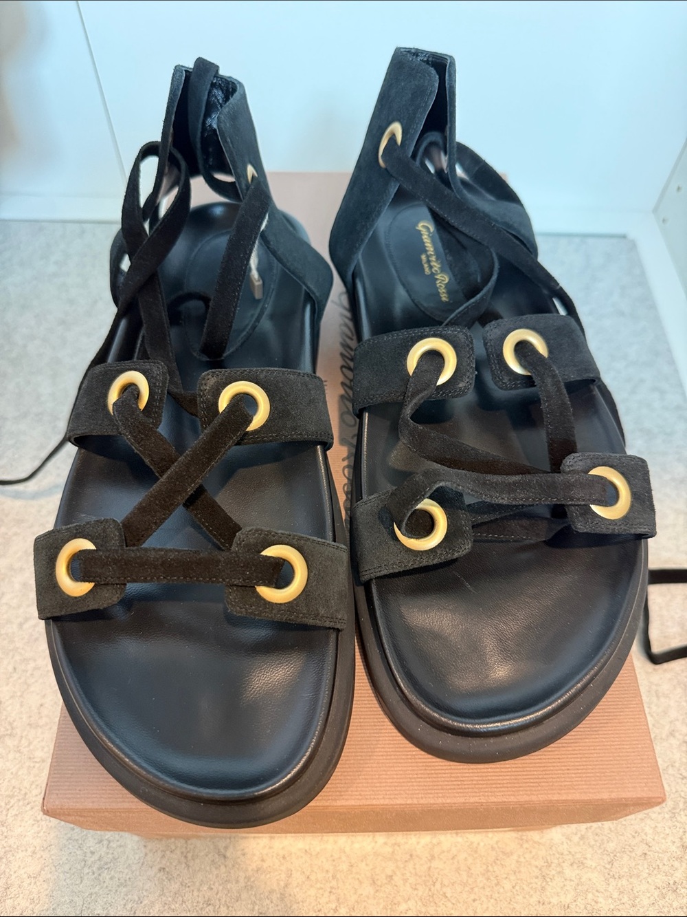 Gianvito Rossi Black Suede Lace-Up Sandals with Gold Eyelets